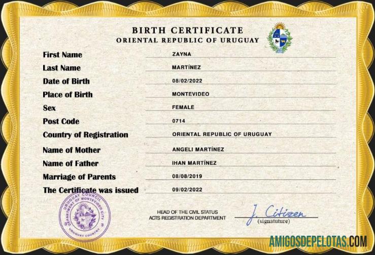 Em branco modelo PSD de certidão de nascimento de registro vital do Uruguai